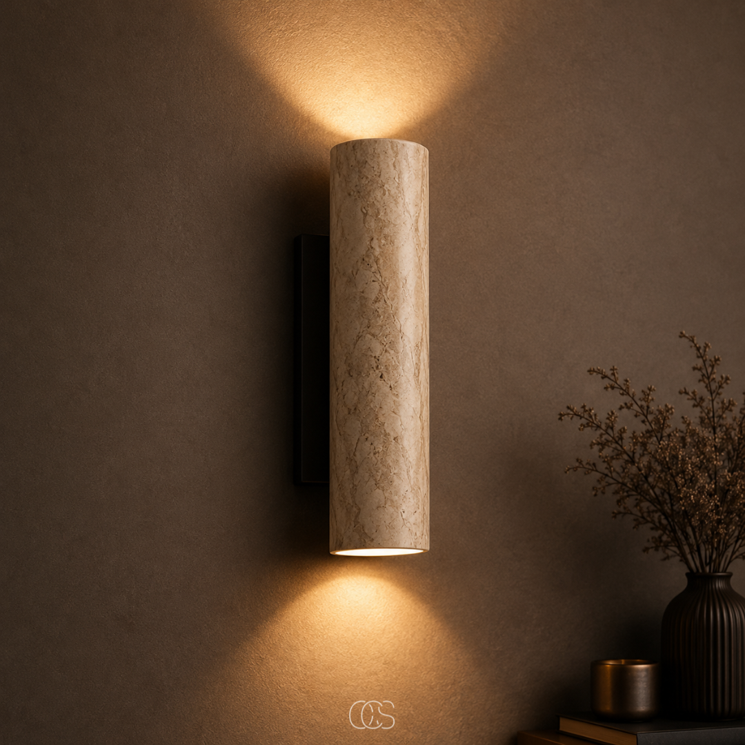 OCS - Ayumu Japandi Wandlamp van Natuursteen - Travertijn & Houten Detail