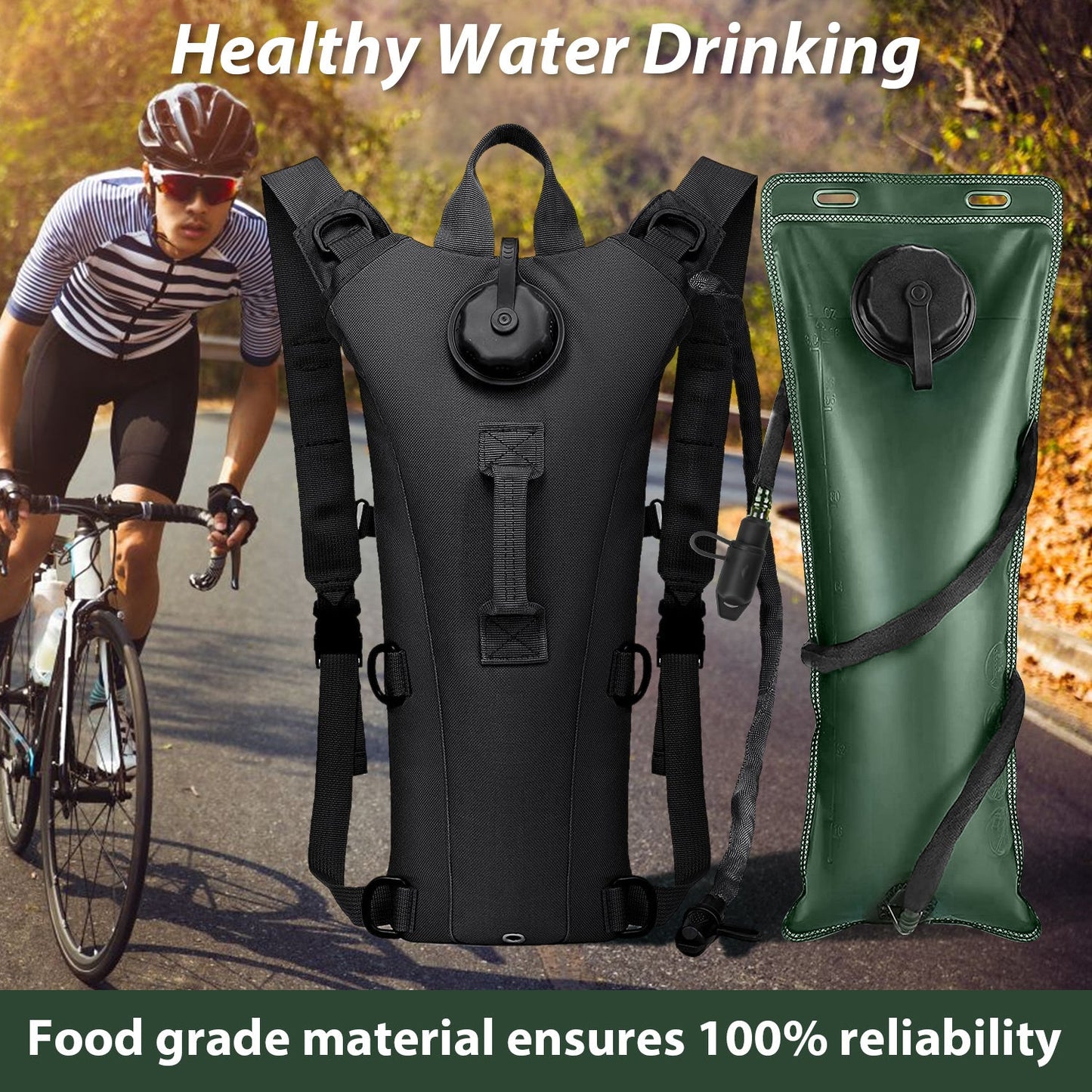 101.44oz Leakproof Hiking Water Backpack & Water Bladder System - Lightweight Hydration Pack with Adjustable Padded Shoulder Straps, Quick-Release Valve for Camping, Cycling, Trekking, Outdoor Sports (Black/Green/Tan) - Compatible with