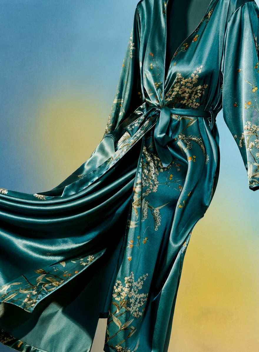Women'S Elegant Floral Print Satin Robe with V-Neck | Casual All-Season Sleepwear | Autumn Winter Robe | Comforting Softness