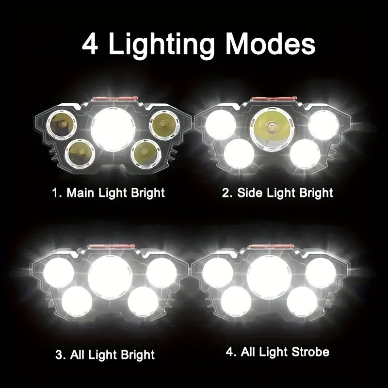 1-Piece Rechargeable LED Headlamp, Bright and Powerful 5-LED, Portable Headlight for Outdoor Camping and Emergency Lighting, IP44 Waterproof, Fishing and Outdoor Work Light