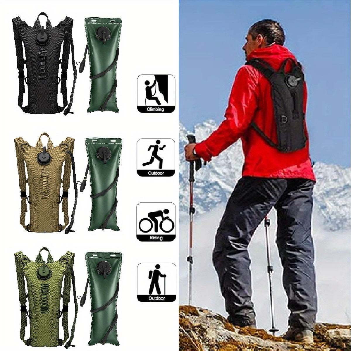 101.44oz Leakproof Hiking Water Backpack & Water Bladder System - Lightweight Hydration Pack with Adjustable Padded Shoulder Straps, Quick-Release Valve for Camping, Cycling, Trekking, Outdoor Sports (Black/Green/Tan) - Compatible with