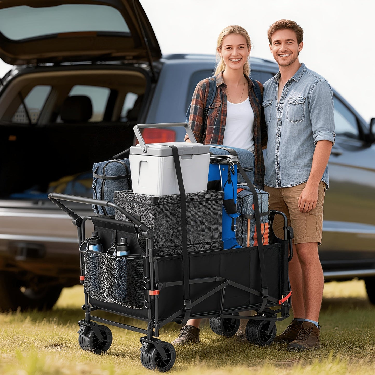 LEVELEVE Heavy Duty Folding Wagon-2-in-1 Collapsible Cart 400lb, 650lb Capacity All-Terrain Wheels W/Brakes And ASide Pockets