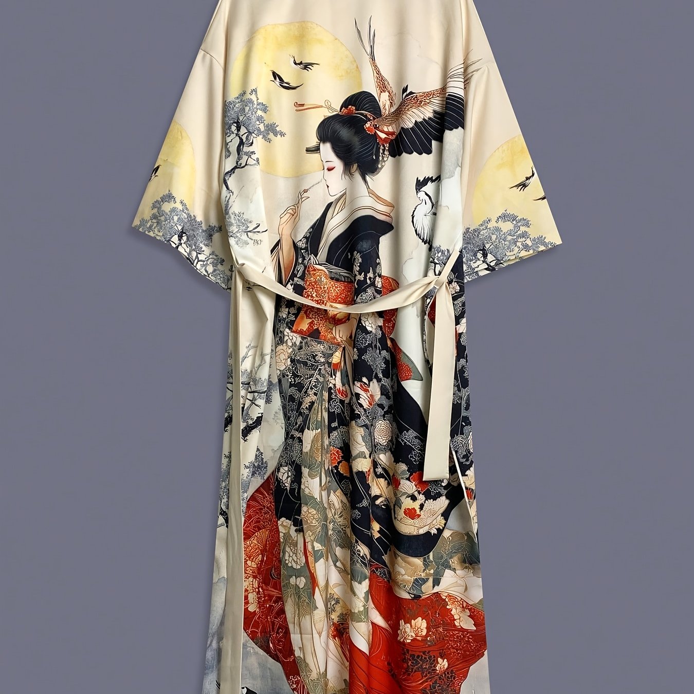 Traditional Ethnic Japanese Vintage Beauty Print Mid-Length Seven-Eighth Sleeve Satin Kimono Cardigan Thin Outerwear for Women, European and American Elegant Street Style Casual Loose Cover-Up, Beach Travel Vacation Uchikake Japanese-Style Thin Cape