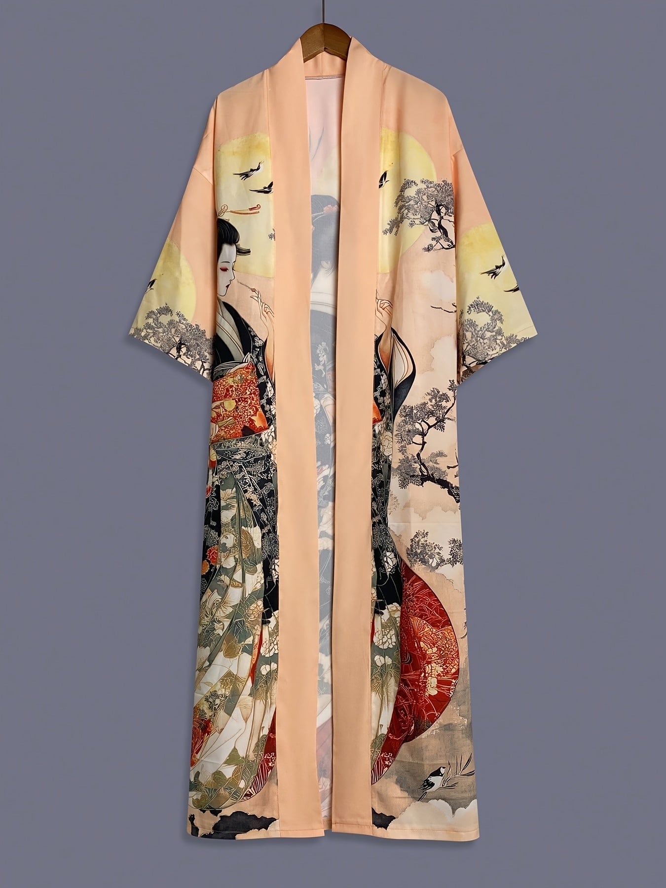 Traditional Ethnic Japanese Vintage Beauty Print Mid-Length Seven-Eighth Sleeve Satin Kimono Cardigan Thin Outerwear for Women, European and American Elegant Street Style Casual Loose Cover-Up, Beach Travel Vacation Uchikake Japanese-Style Thin Cape