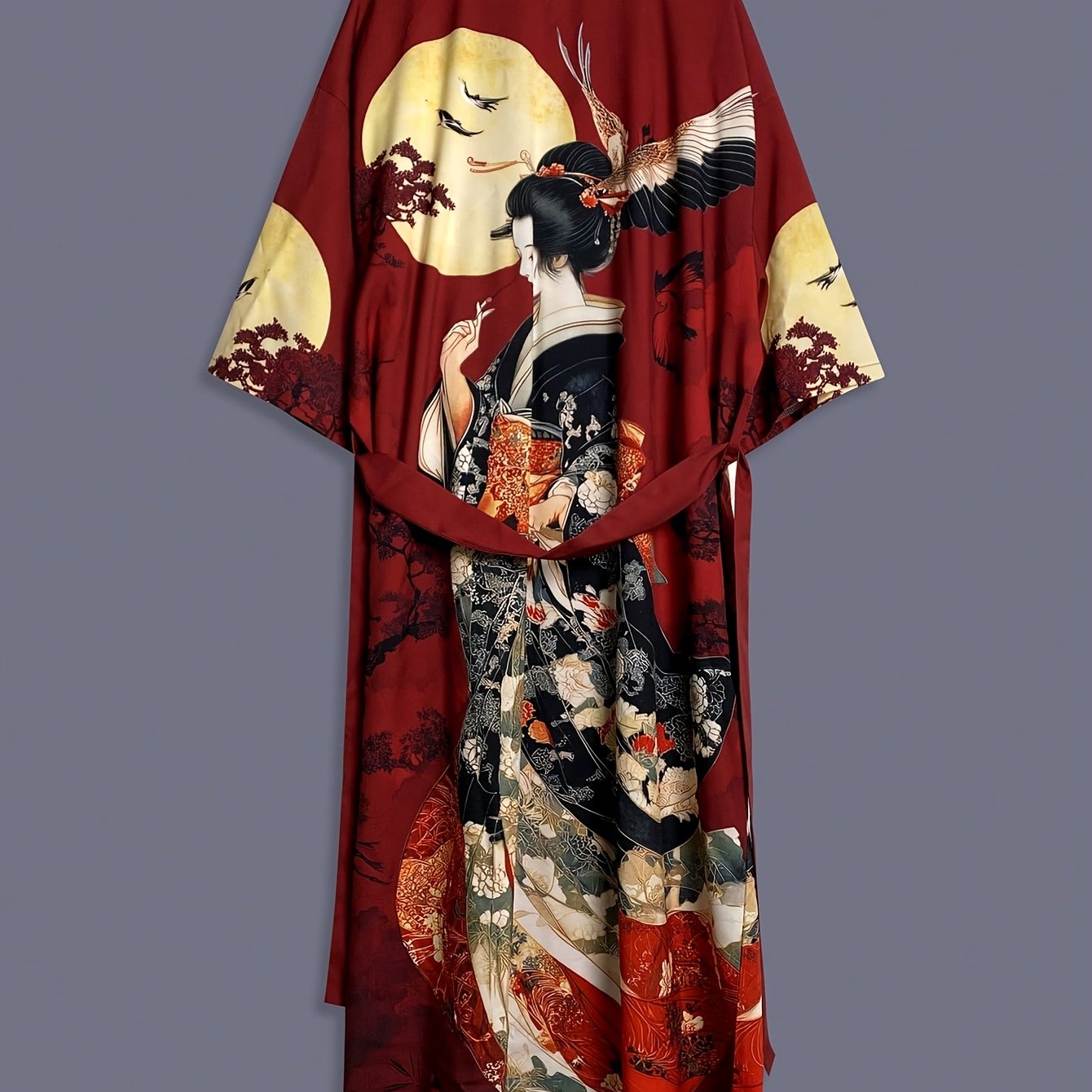 Traditional Ethnic Japanese Vintage Beauty Print Mid-Length Seven-Eighth Sleeve Satin Kimono Cardigan Thin Outerwear for Women, European and American Elegant Street Style Casual Loose Cover-Up, Beach Travel Vacation Uchikake Japanese-Style Thin Cape