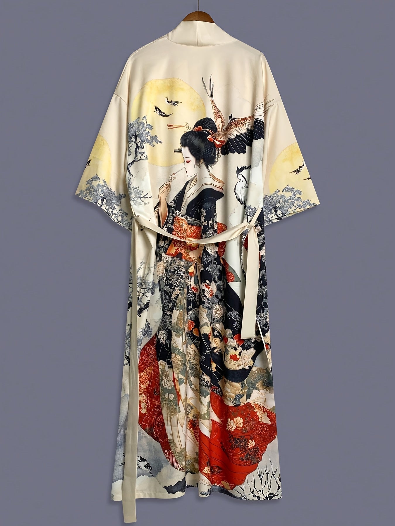 Traditional Ethnic Japanese Vintage Beauty Print Mid-Length Seven-Eighth Sleeve Satin Kimono Cardigan Thin Outerwear for Women, European and American Elegant Street Style Casual Loose Cover-Up, Beach Travel Vacation Uchikake Japanese-Style Thin Cape
