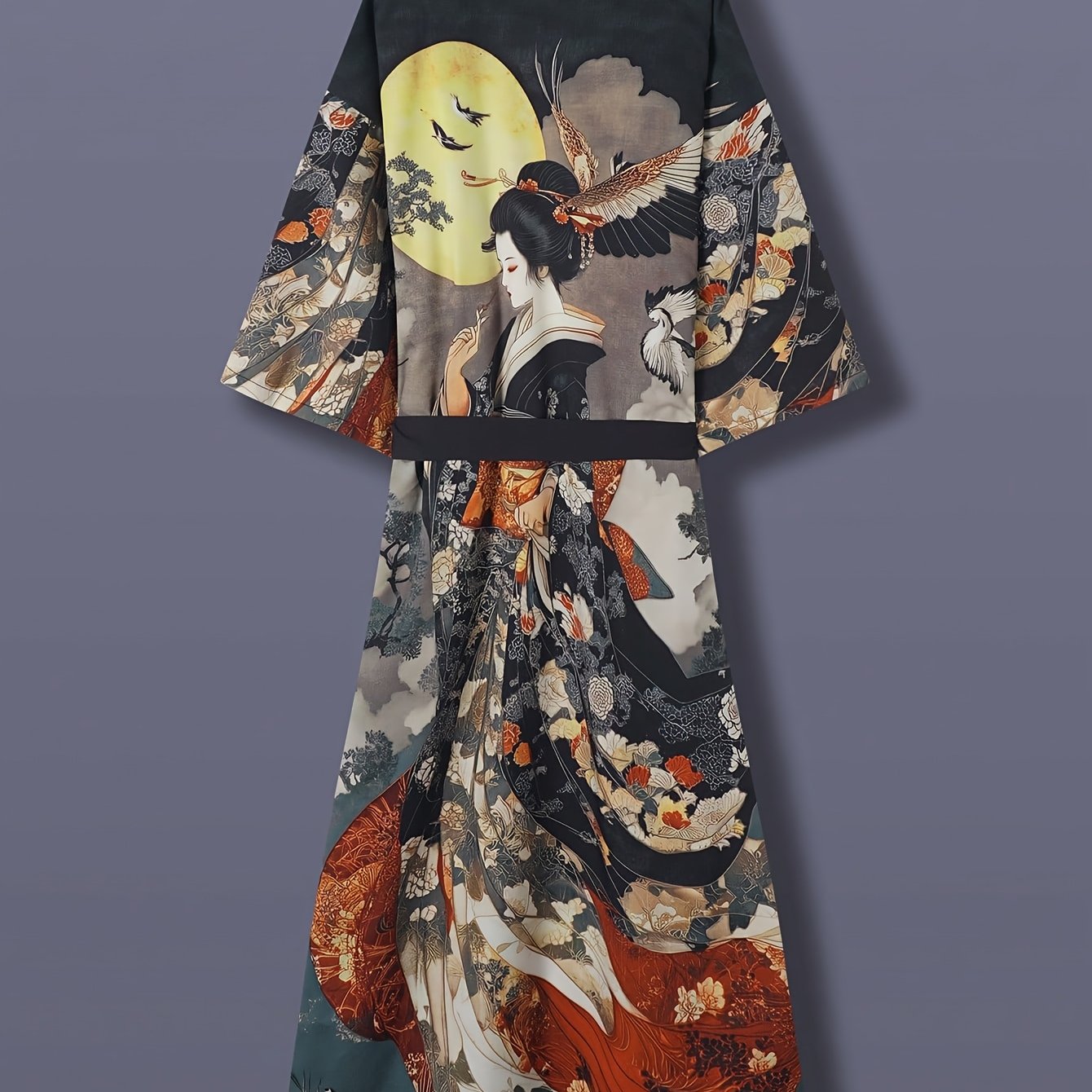 Traditional Ethnic Japanese Vintage Beauty Print Mid-Length Seven-Eighth Sleeve Satin Kimono Cardigan Thin Outerwear for Women, European and American Elegant Street Style Casual Loose Cover-Up, Beach Travel Vacation Uchikake Japanese-Style Thin Cape