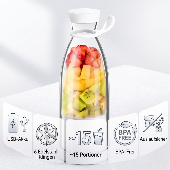 Kabelloser Smoothie-Mixer to go – USB-Akku, 6 Edelstahl-Klingen, BPA-frei