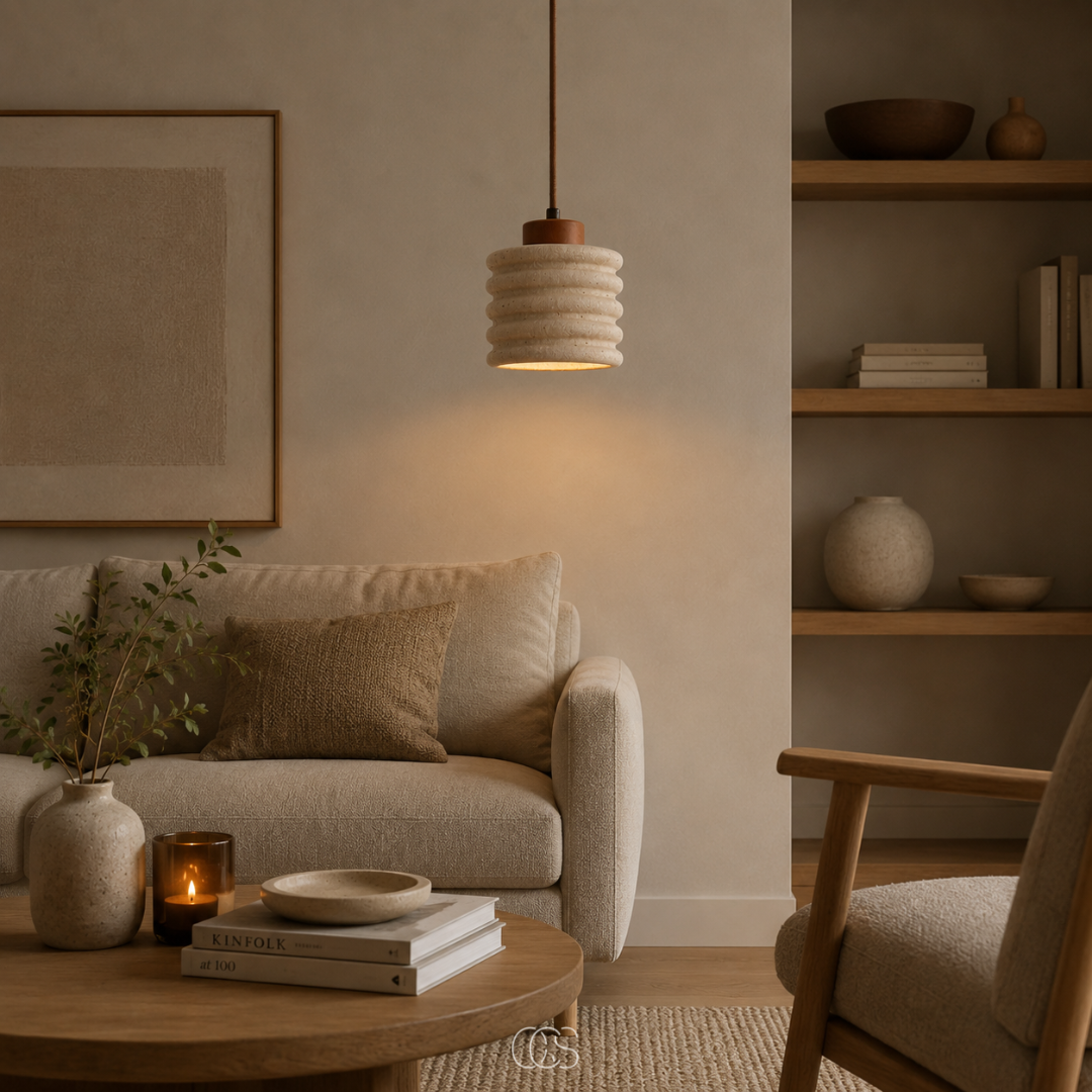 OCS - Kaishu Minimalistische Japandi Hanglamp - Travertijn & Walnoothout
