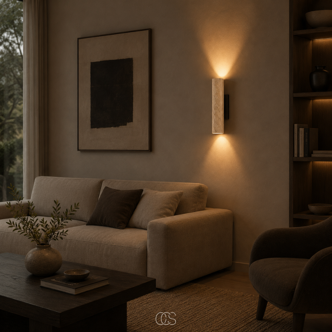 OCS - Ayumu Japandi Wandlamp van Natuursteen - Travertijn & Houten Detail