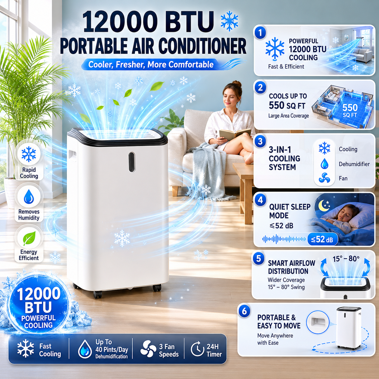 Aire acondicionado portátil 12000 BTU enfriador y deshumidificador