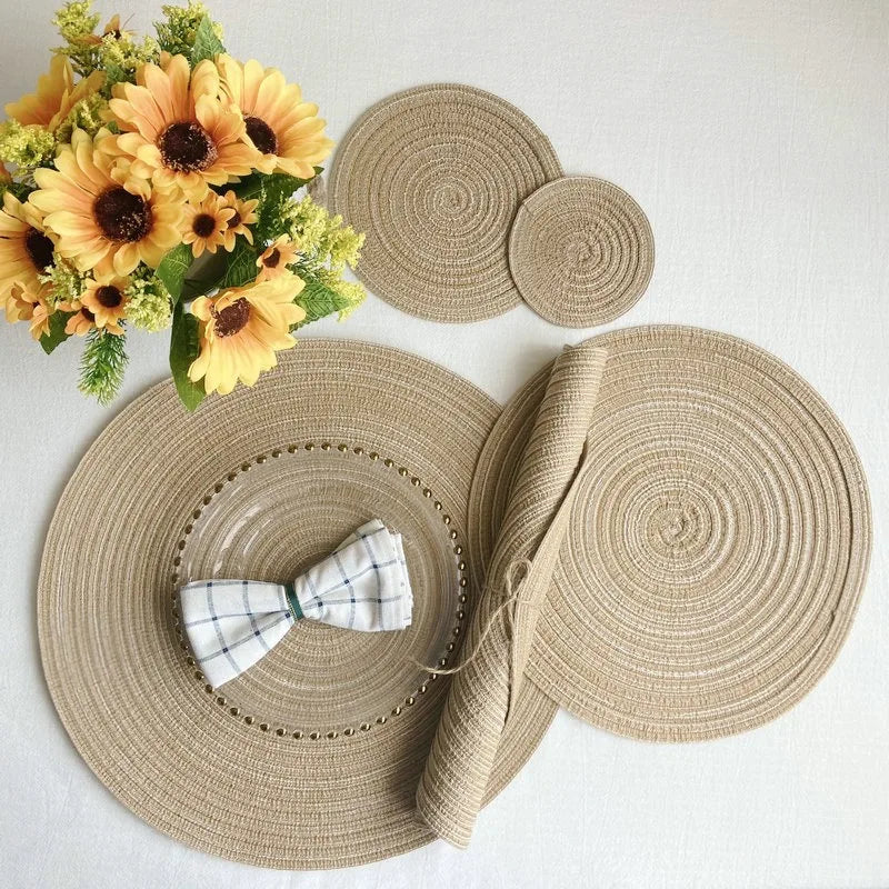 Nordic Style Imitation Cotton Yarn Placemat Round Ramie Woven Coaster Insulation Dish Mat Household Anti-scald Mat