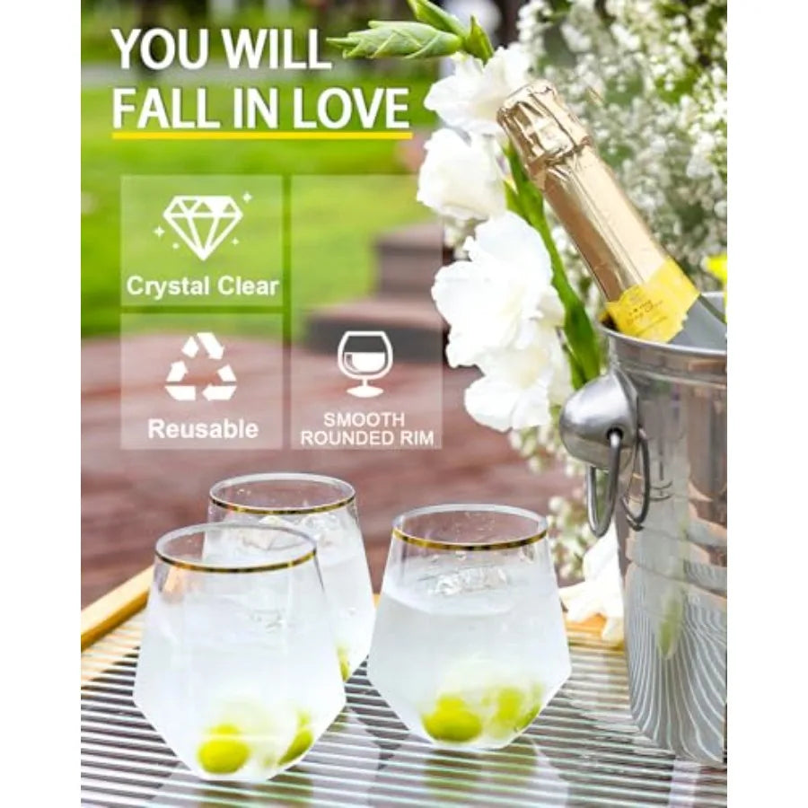 40 Pcak Plastic Stemless Wine cocktail Whiskey Champagne Glasses, 12 Oz Gold Rim Disposable Clear Unbreakable Cups for Party Ba
