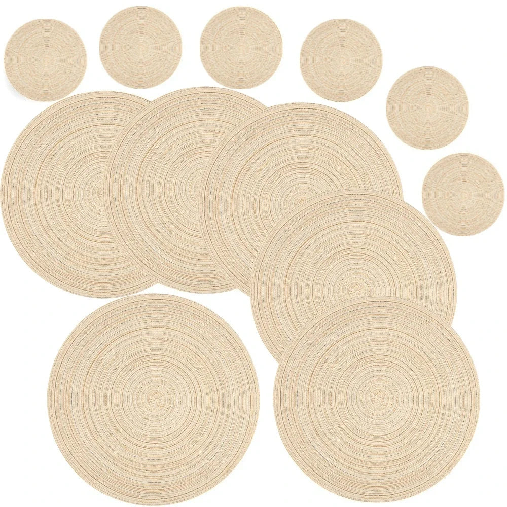 6Pcs Round Table Mat and Cup Coasters Set Woven Ramie Placemats Anti Slip Dining Placemats Non-Slip Tableware Bowl Pads Kitchen