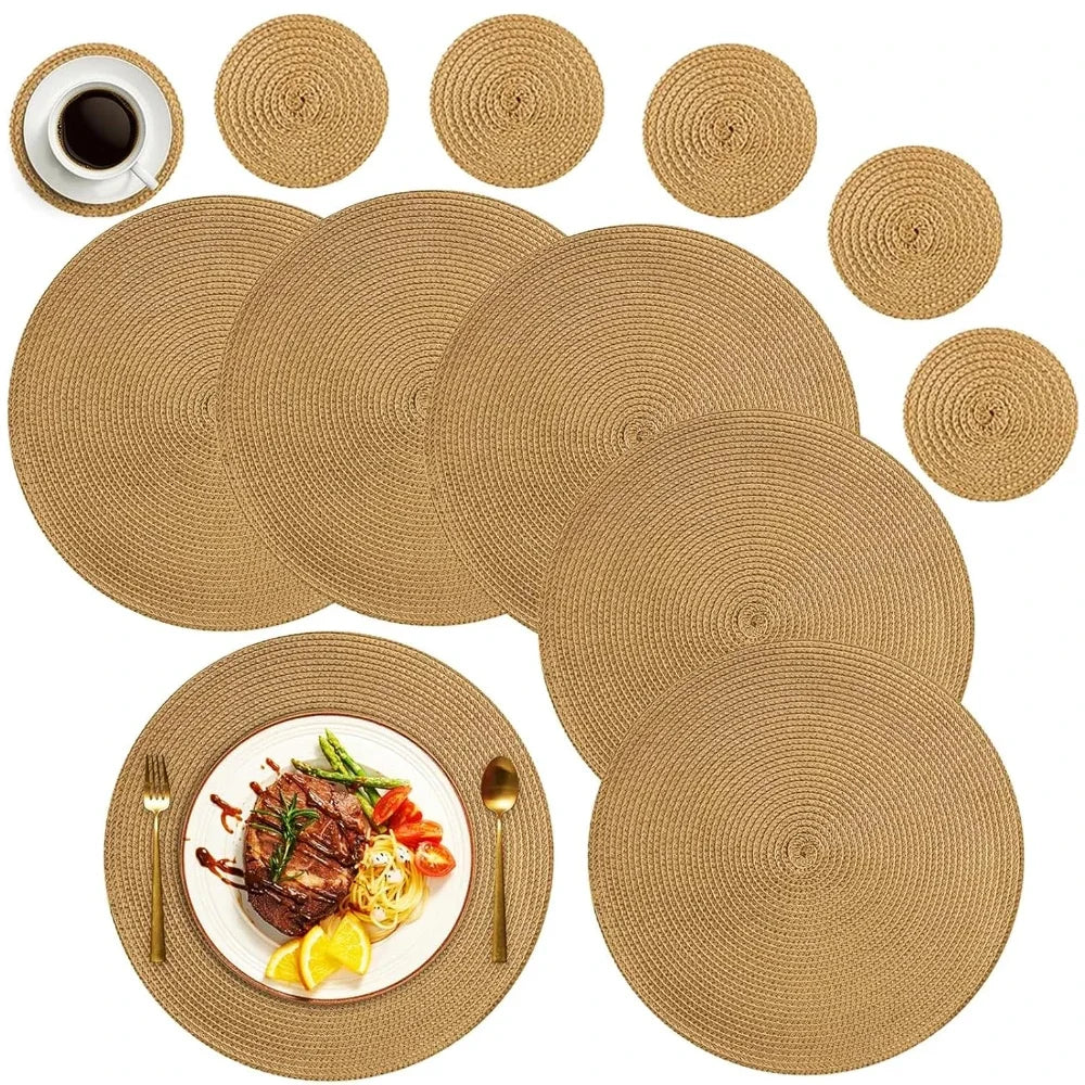6Pcs Round Table Mat and Cup Coasters Set Woven Ramie Placemats Anti Slip Dining Placemats Non-Slip Tableware Bowl Pads Kitchen