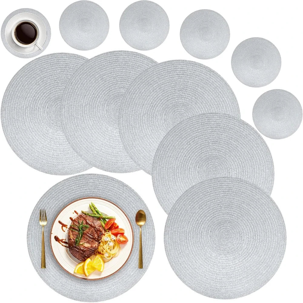 6Pcs Round Table Mat and Cup Coasters Set Woven Ramie Placemats Anti Slip Dining Placemats Non-Slip Tableware Bowl Pads Kitchen