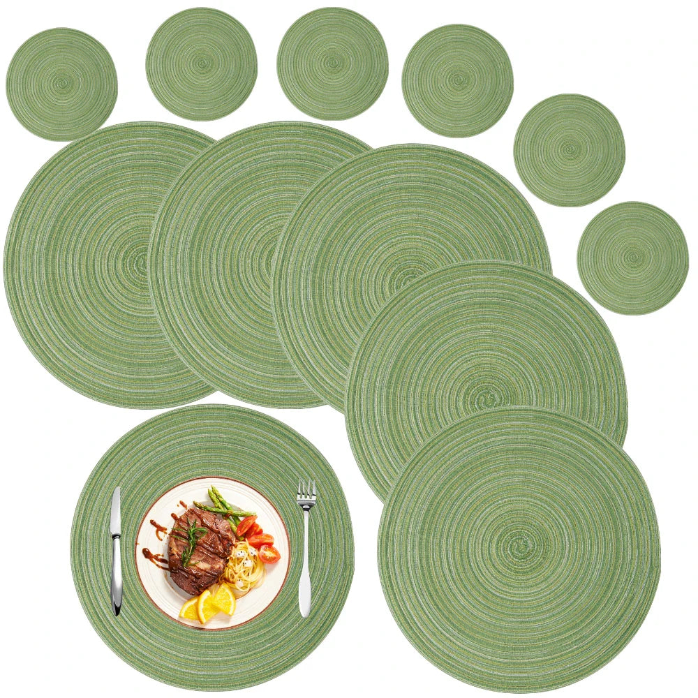 6Pcs Round Table Mat and Cup Coasters Set Woven Ramie Placemats Anti Slip Dining Placemats Non-Slip Tableware Bowl Pads Kitchen