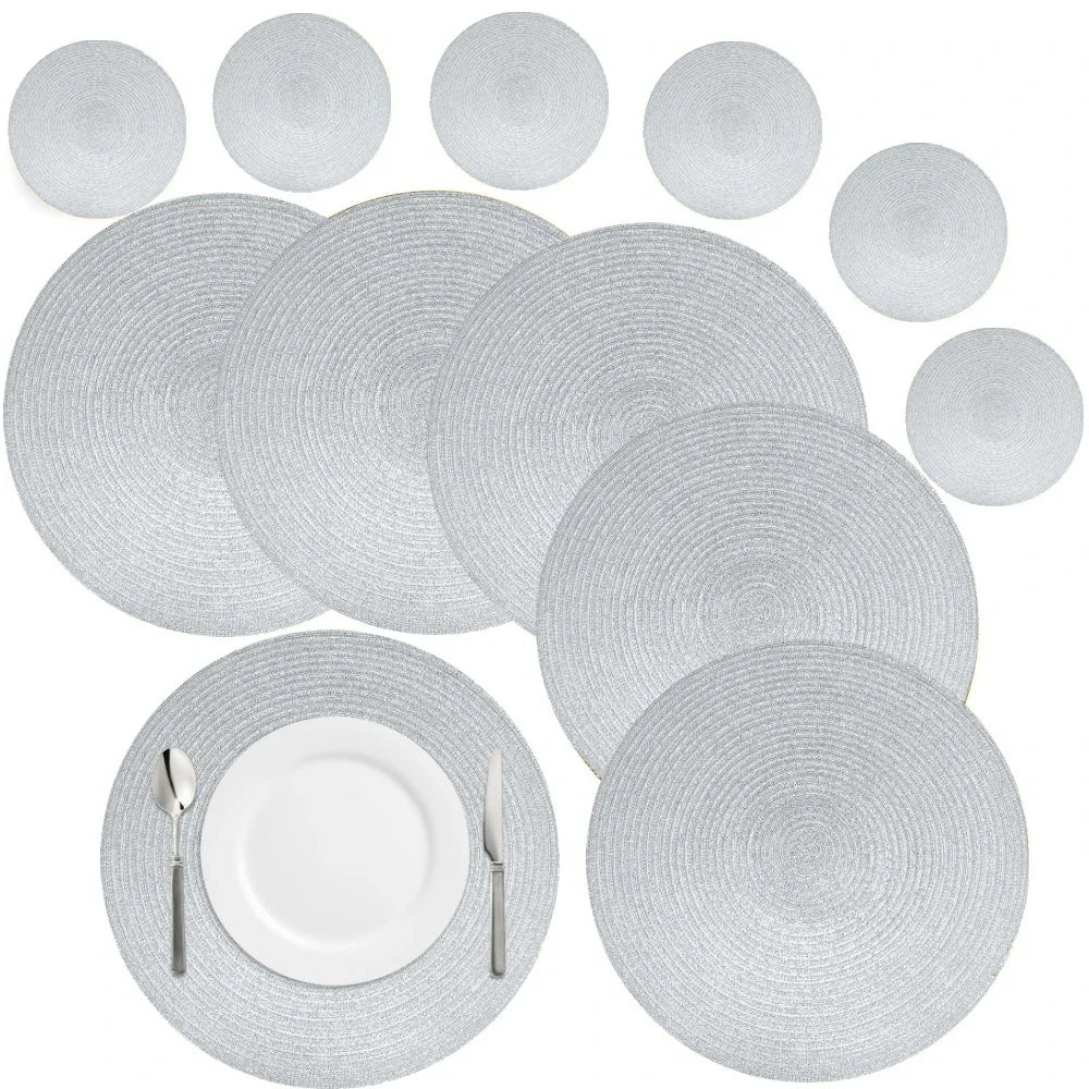 6Pcs Round Table Mat and Cup Coasters Set Woven Ramie Placemats Anti Slip Dining Placemats Non-Slip Tableware Bowl Pads Kitchen