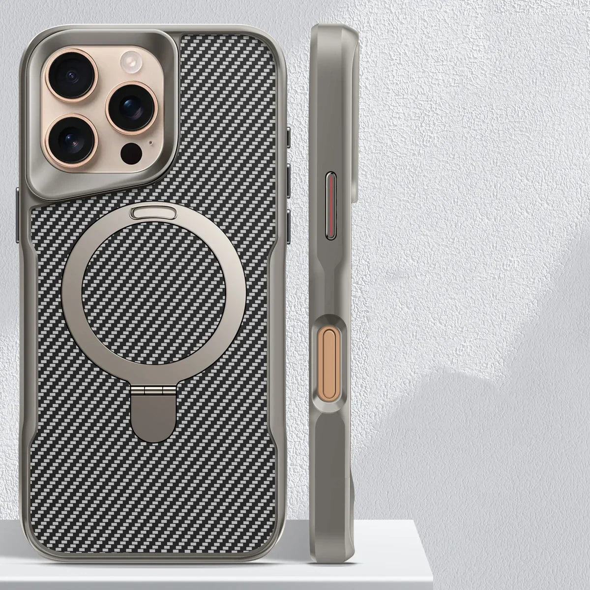 Desert Titanium metal holder carbon fibre magnetic phone case for iPhone 16 15 14 13 12 Pro Max magsafe charging armor hard case