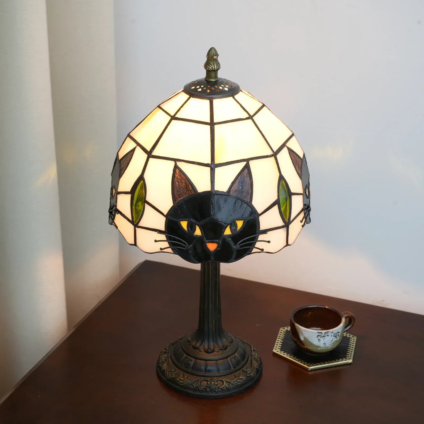 Midnight Cat Stained Glass Table Lamp