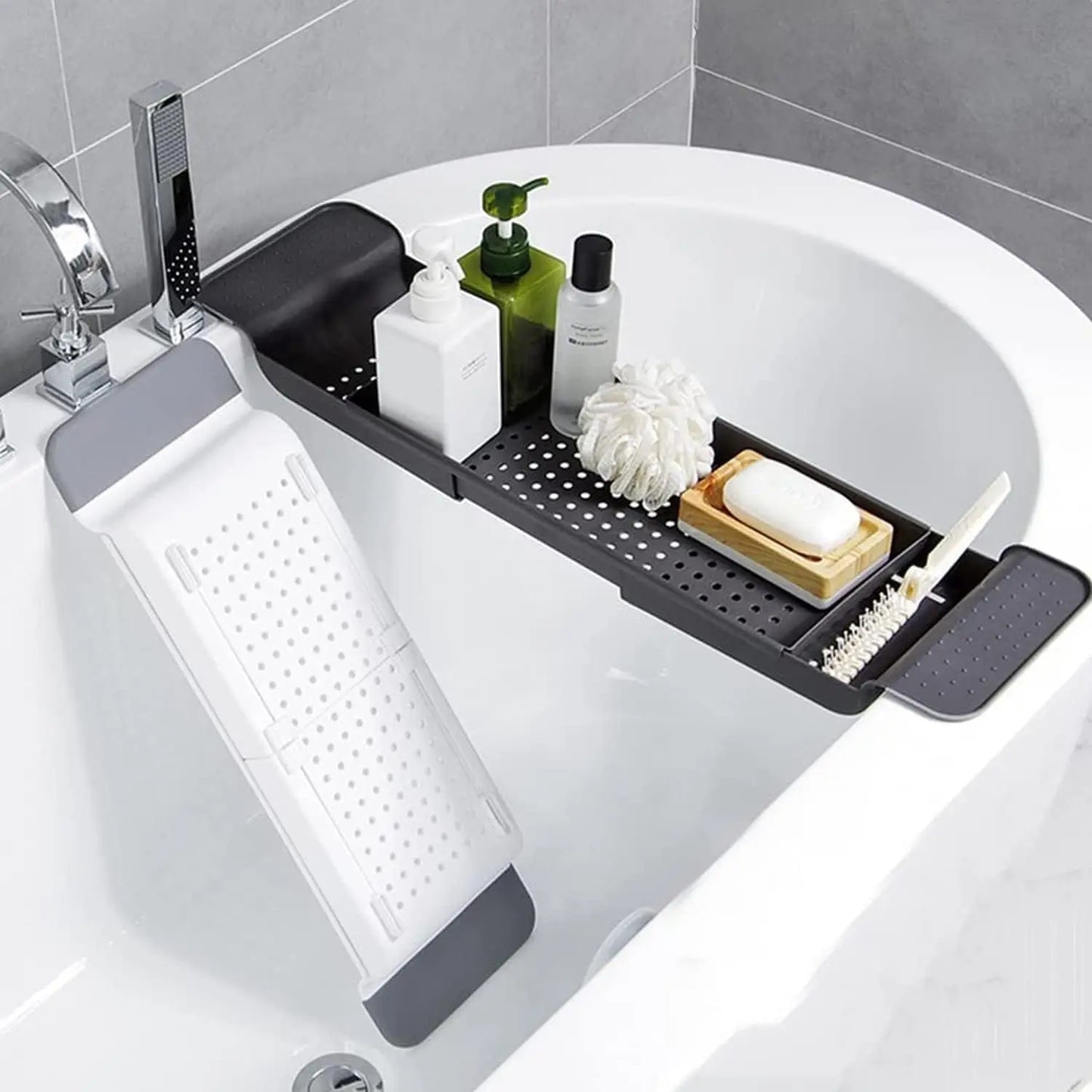 Expandable Drain Bath Shelf Caddy Tray Multifunctional Plastic Bathtub Tray Bathroom Organizer Simple Stylish Bathtub Storage