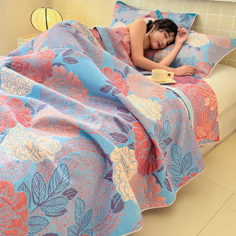 1pc 100%Cotton Three-layer Gauze Blanket Flower Printed Towel Blanket for Beds Single/Queen Size Plaids for Summer Bedspread