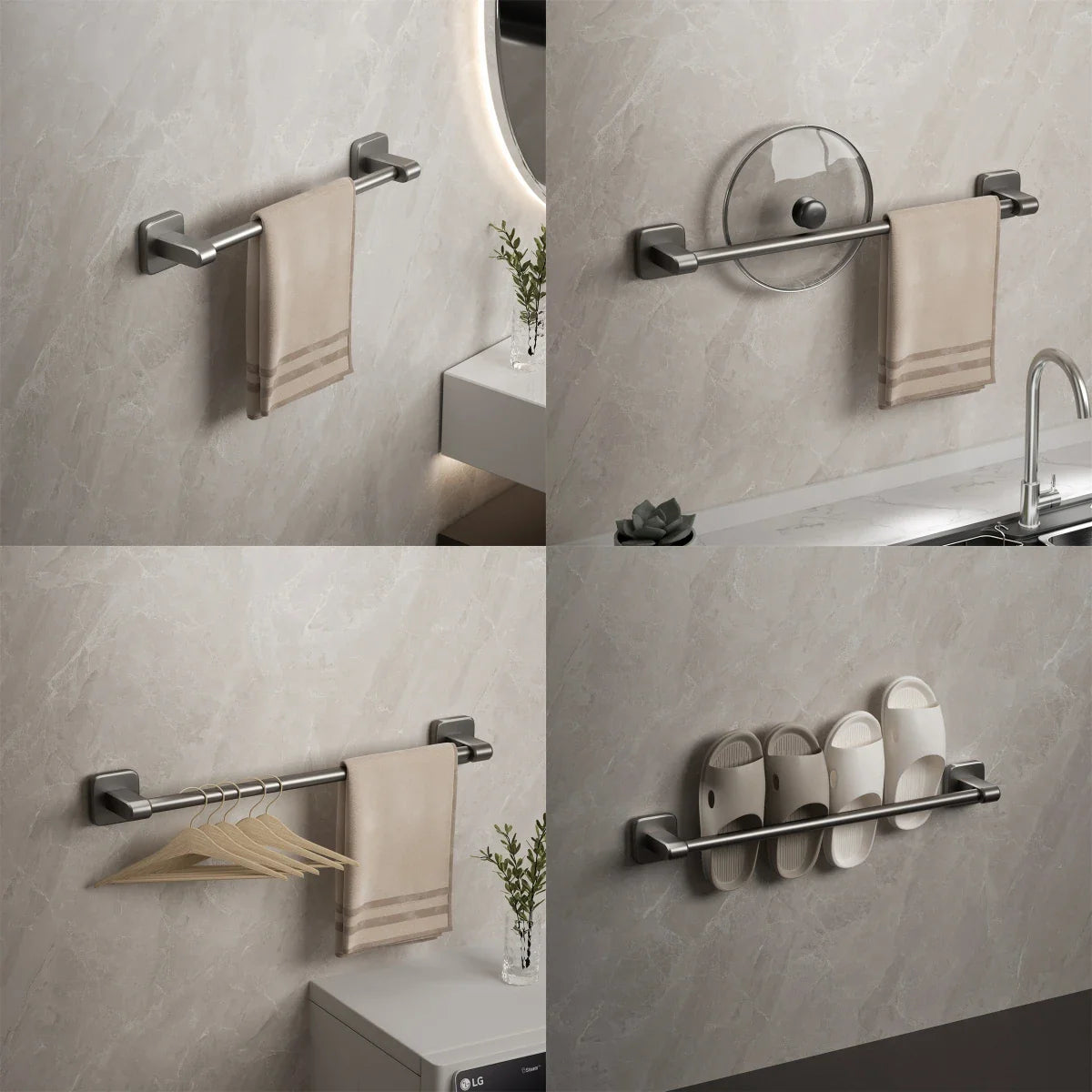 Space Aluminum Towel Rod Self-Adhesive No-Drilling Bathroom Kitchen Hand Towel Holder Plastic Base Sticky Installation