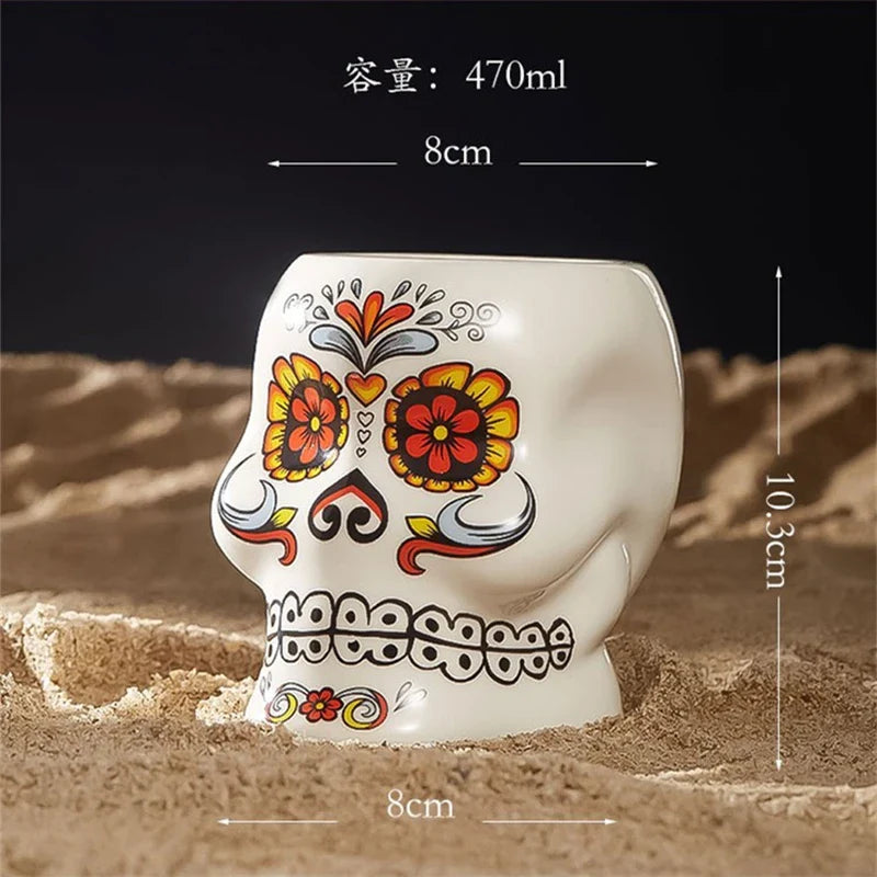 Drinking Glasses,Tattoo Skull Tiki Cocktail Glass,Flower Face Creative Cocktail Glasses,Ceramic Wineglass,Hawaii Bar Accessories