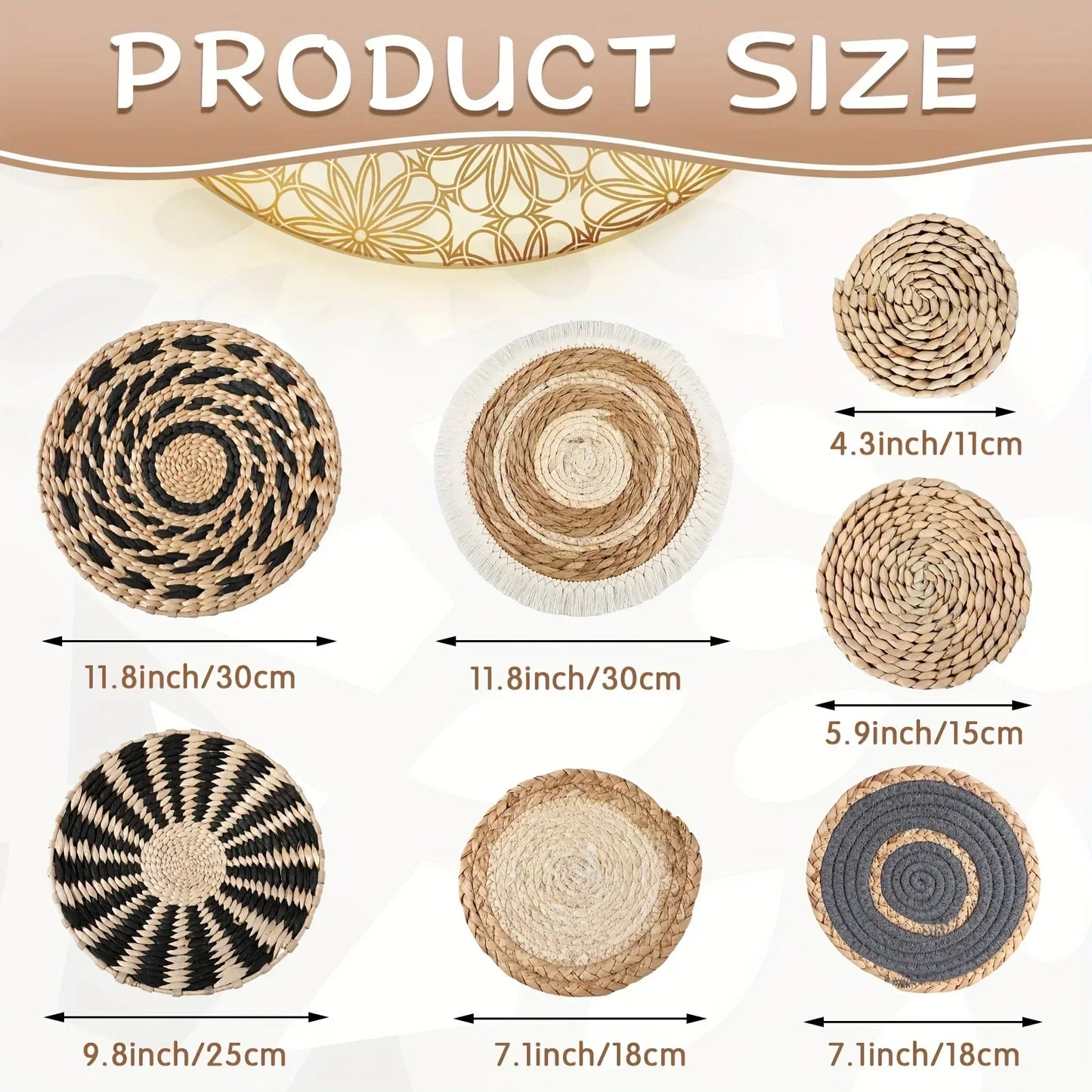 7Pcs Boho Chic Handcrafted Seagrass Wall Baskets, Rattan Woven Round Bohemian Decor for Home,Farmhouse-Featherless,Versatile Use