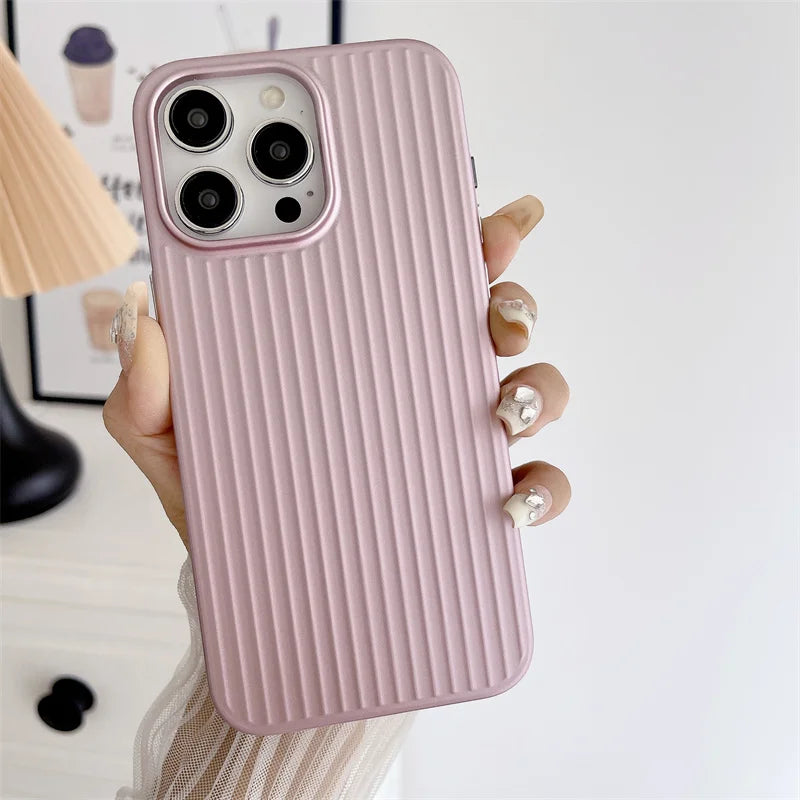 Natural Titanium PC Phone Case For iPhone 16E 12 13 14 15 16 Pro Max Plus Electroplated Grating Corrugated Hard Shockproof Cover