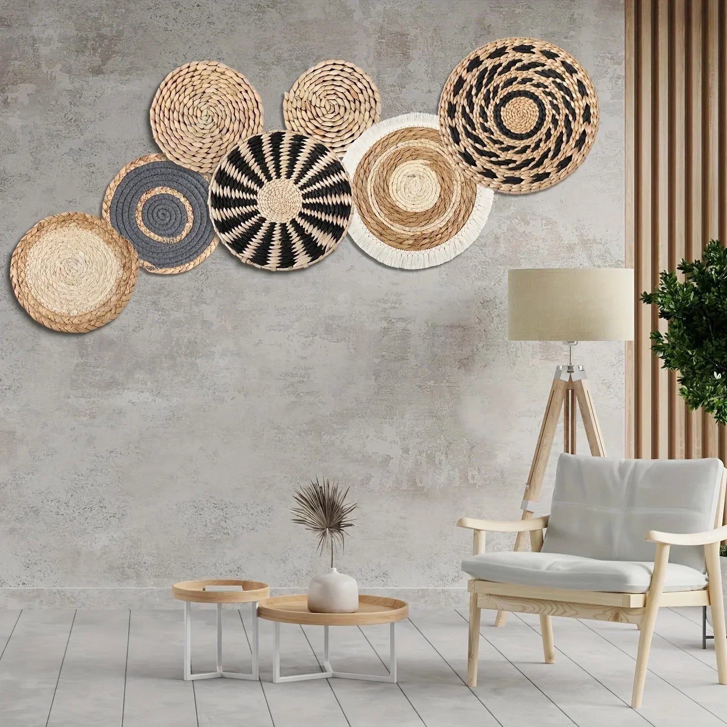 7Pcs Boho Chic Handcrafted Seagrass Wall Baskets, Rattan Woven Round Bohemian Decor for Home,Farmhouse-Featherless,Versatile Use