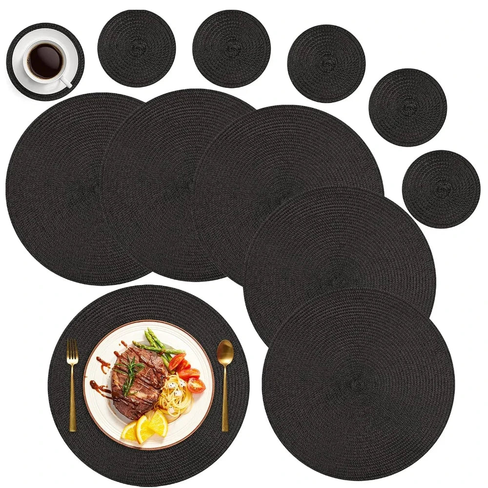 6Pcs Round Table Mat and Cup Coasters Set Woven Ramie Placemats Anti Slip Dining Placemats Non-Slip Tableware Bowl Pads Kitchen