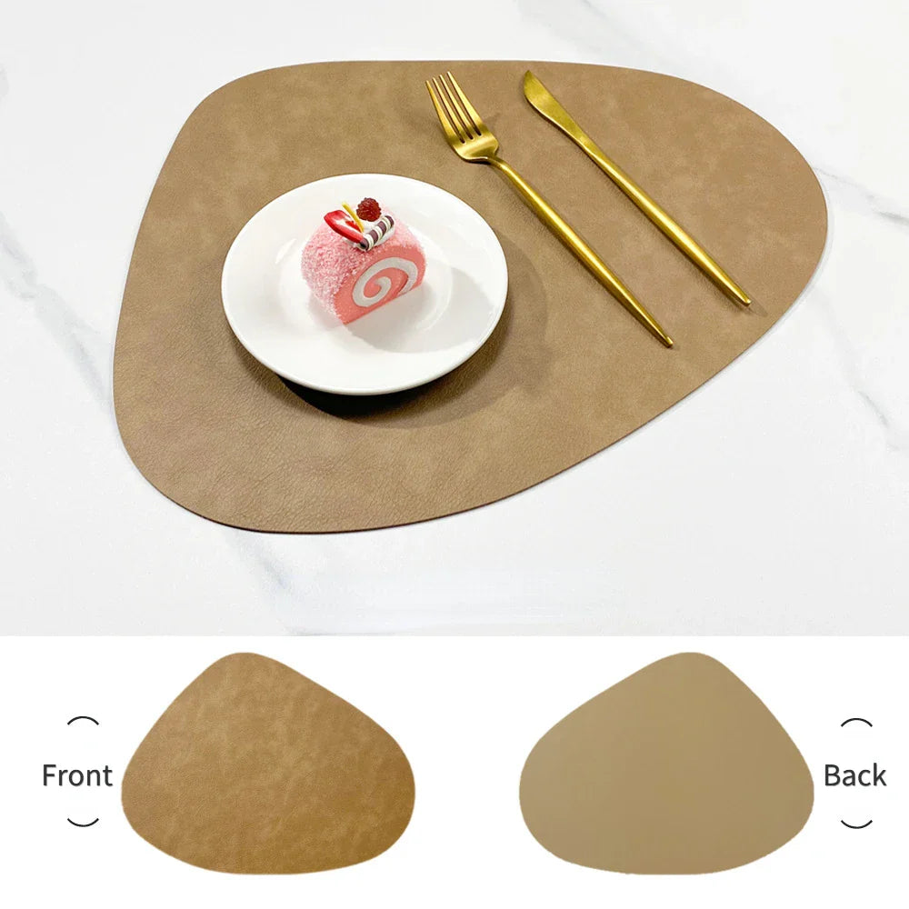 Double Sided Anti Slip PU Insulation Pad Table Mat, Nordic Style Imitation Cowhide Pattern Water Droplet Shaped Leather Placemat