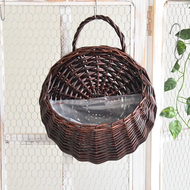 Hand Made Wicker Rattan Flower Planter Wall Hanging Wicker Rattam Basket Garden Vine Pot Plants Holder Garden Pots Wall Planter