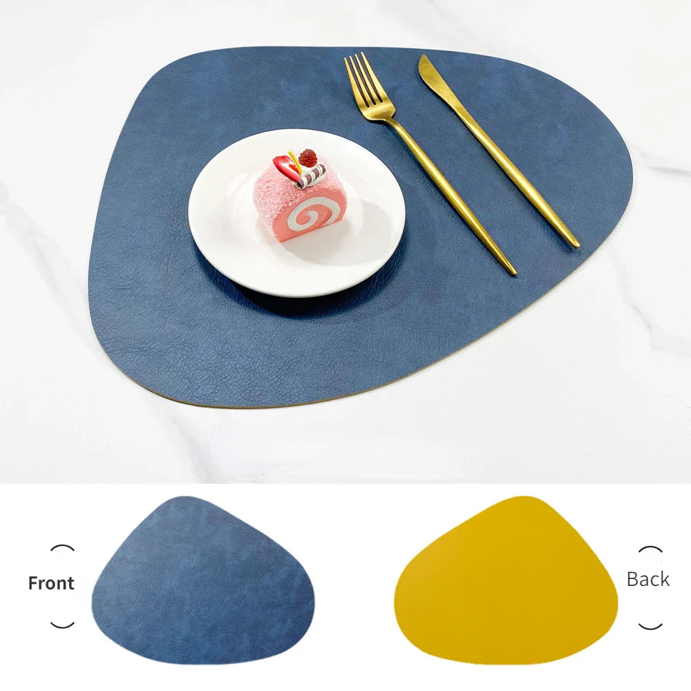 Double Sided Anti Slip PU Insulation Pad Table Mat, Nordic Style Imitation Cowhide Pattern Water Droplet Shaped Leather Placemat