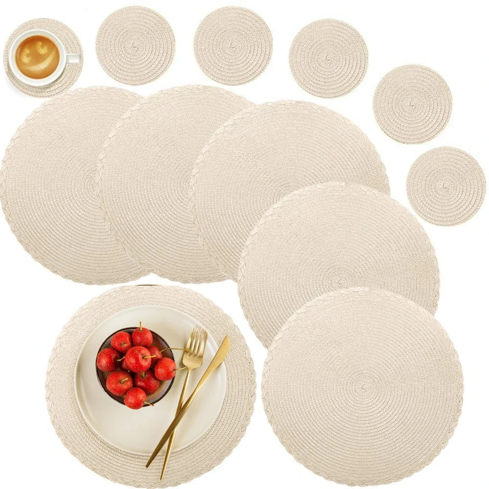 6Pcs Round Table Mat and Cup Coasters Set Woven Ramie Placemats Anti Slip Dining Placemats Non-Slip Tableware Bowl Pads Kitchen