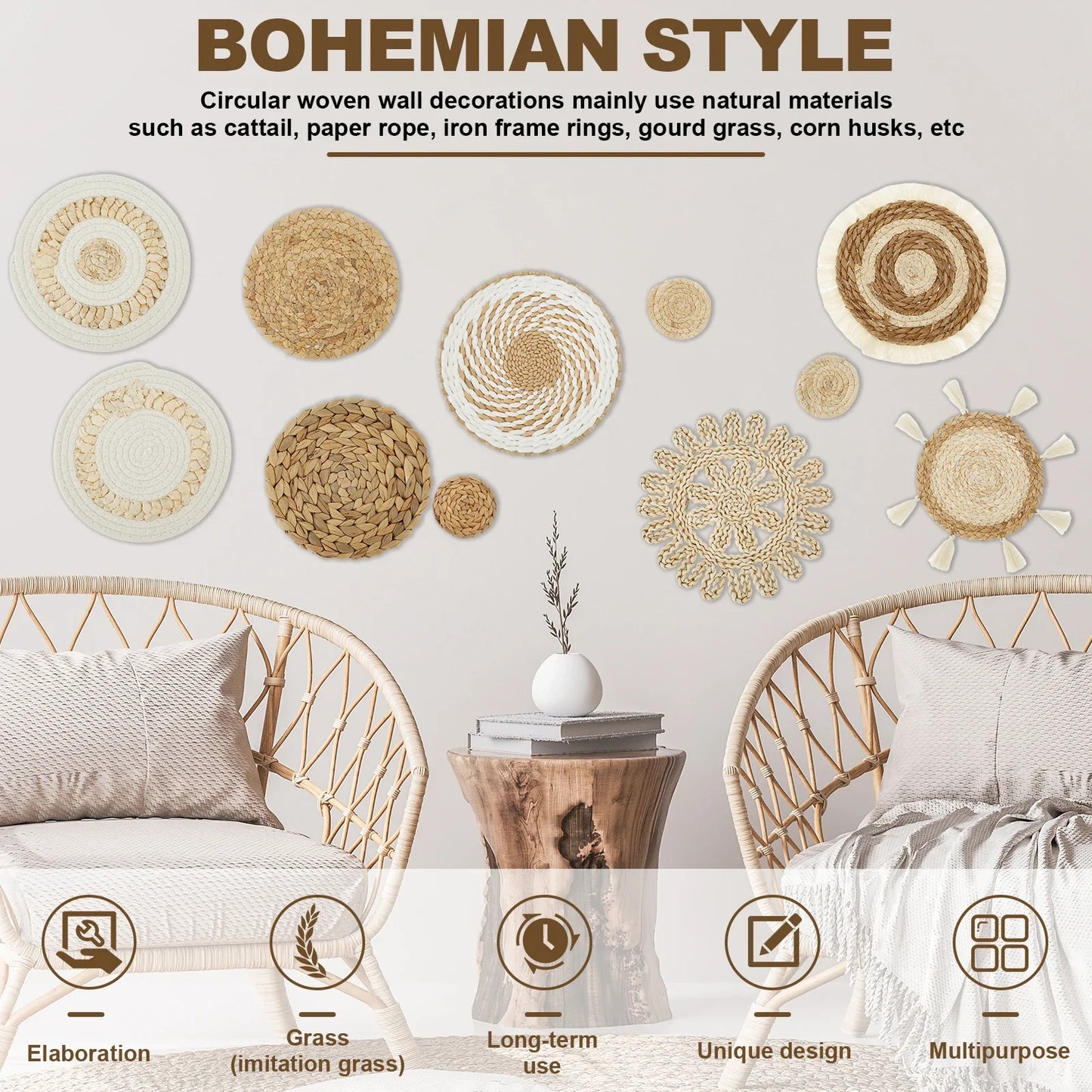 11Pcs Woven Wall Basket Decor Decorative Rattan Wicker Wall Decor Handmade Wicker Wall Baskets Aesthetic Wall Basket Decor Woven