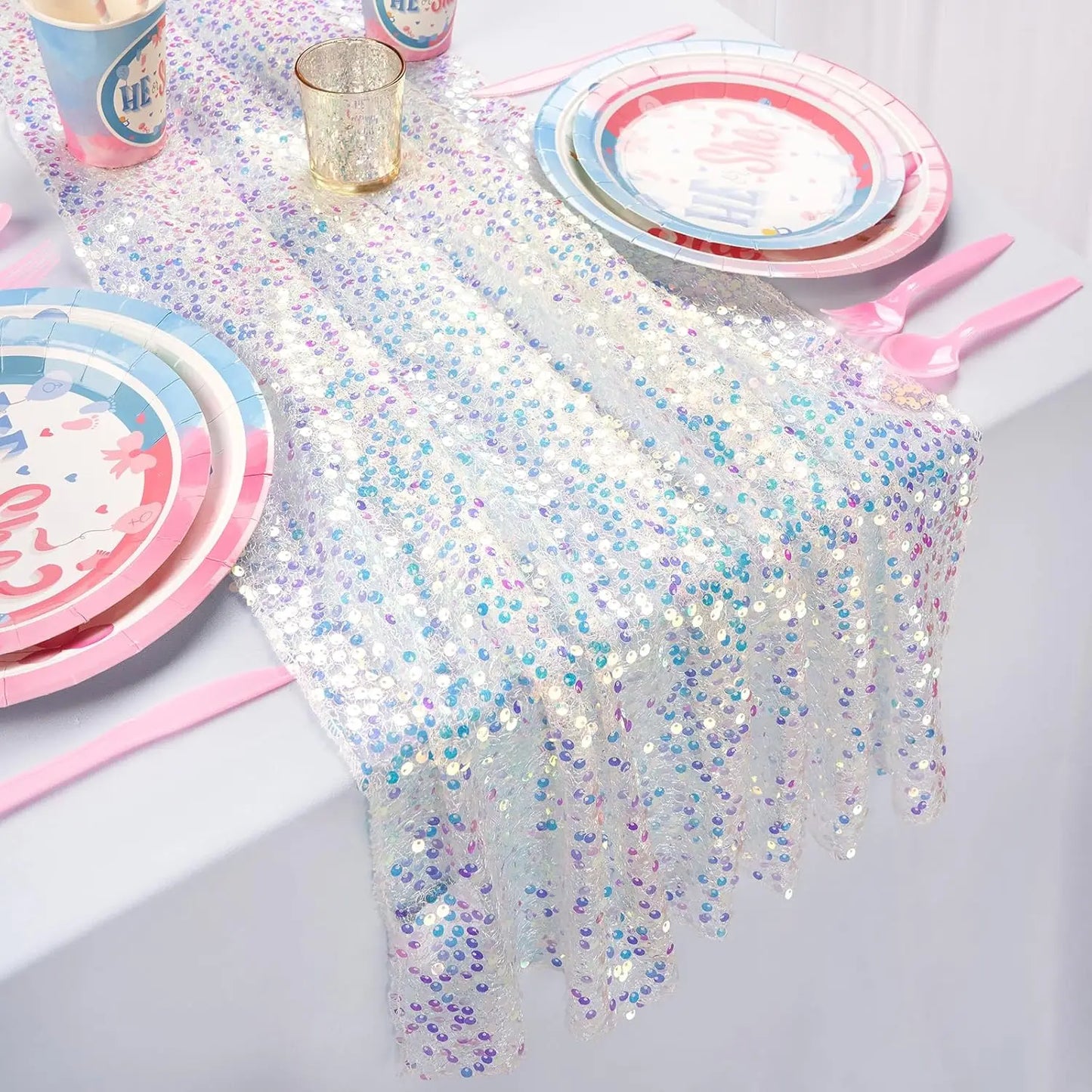 Sequin Iridescent Table Runner Boho Table Runners Glitter Sequin Tablecloth for Party Wedding Summer Mermaid Birthday Decoration