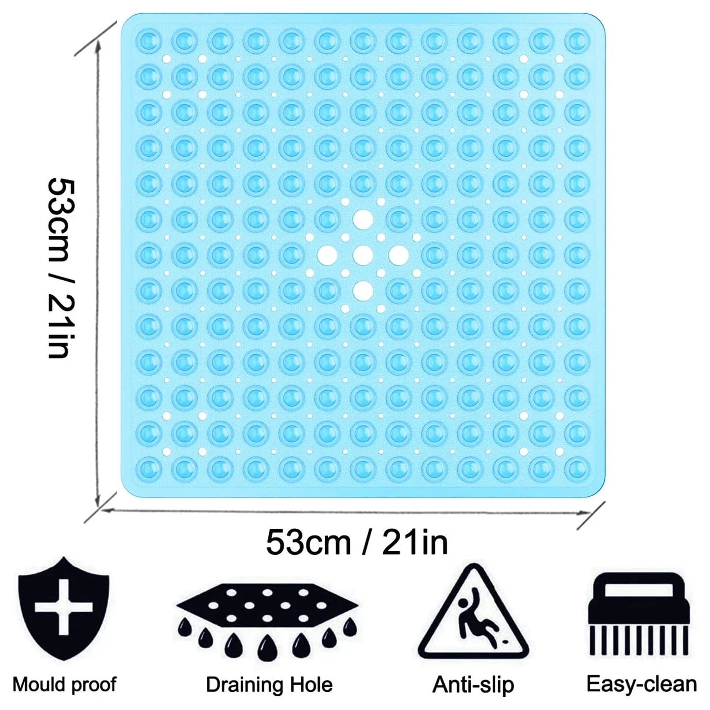 53x53cm Non Slip Shower Mat for Inside Shower Stall Mats for Bathroom Floor, Soft Bath Mat for Bathtubs with Big Suction Cups