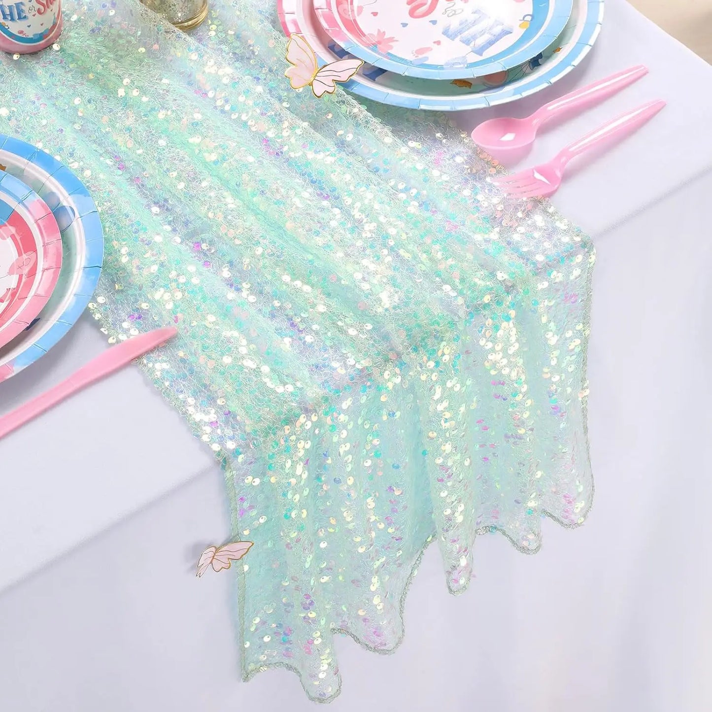 Sequin Iridescent Table Runner Boho Table Runners Glitter Sequin Tablecloth for Party Wedding Summer Mermaid Birthday Decoration