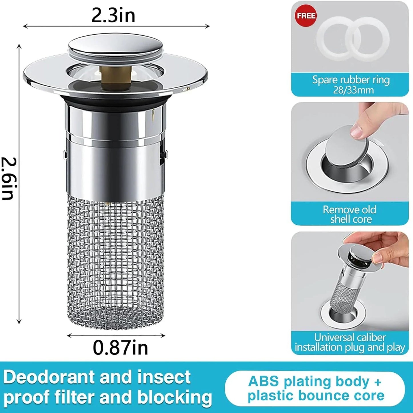 Durable Stainless Steel Floor Drain Stopper with Hair Catcher Anti Odor Pop Up Core for Bathroom Washbasin and Shower Cleaning