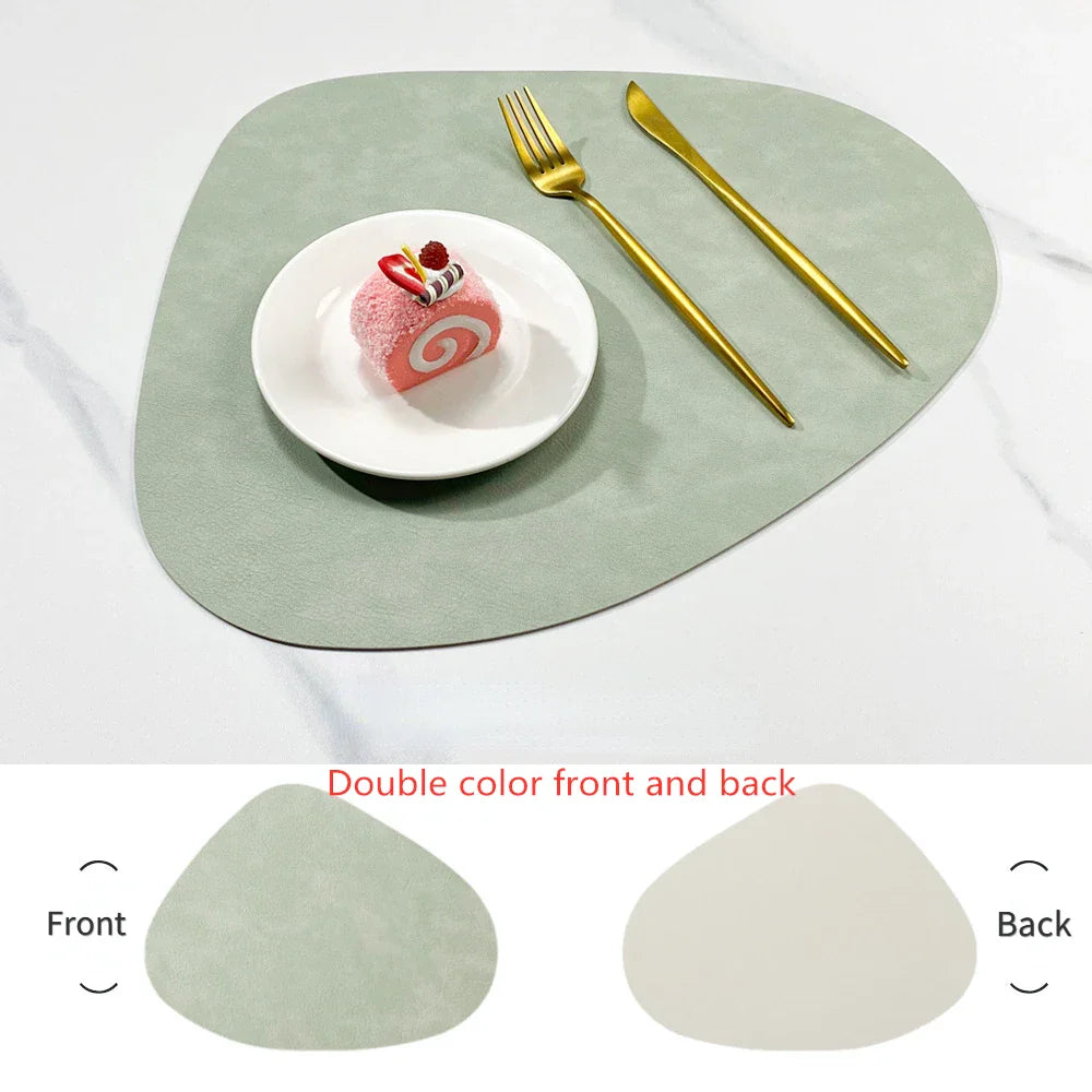 Double Sided Anti Slip PU Insulation Pad Table Mat, Nordic Style Imitation Cowhide Pattern Water Droplet Shaped Leather Placemat