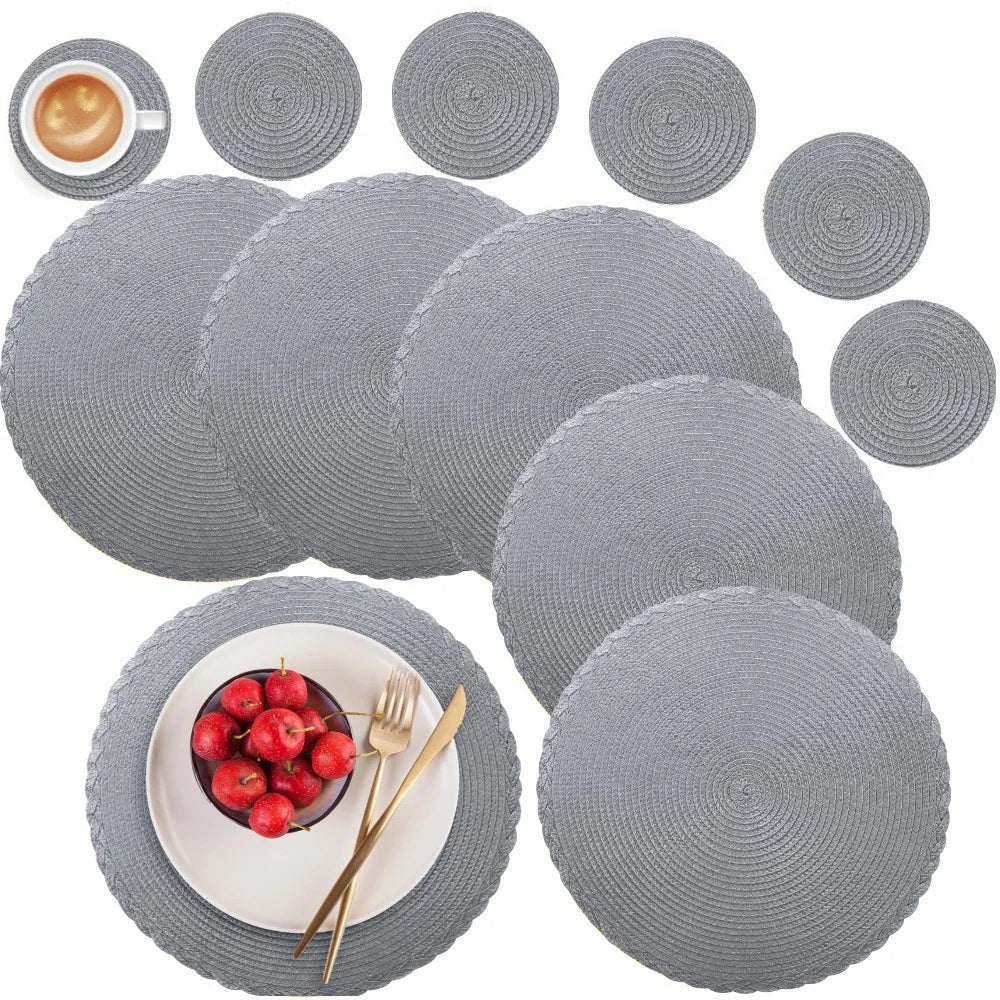 6Pcs Round Table Mat and Cup Coasters Set Woven Ramie Placemats Anti Slip Dining Placemats Non-Slip Tableware Bowl Pads Kitchen