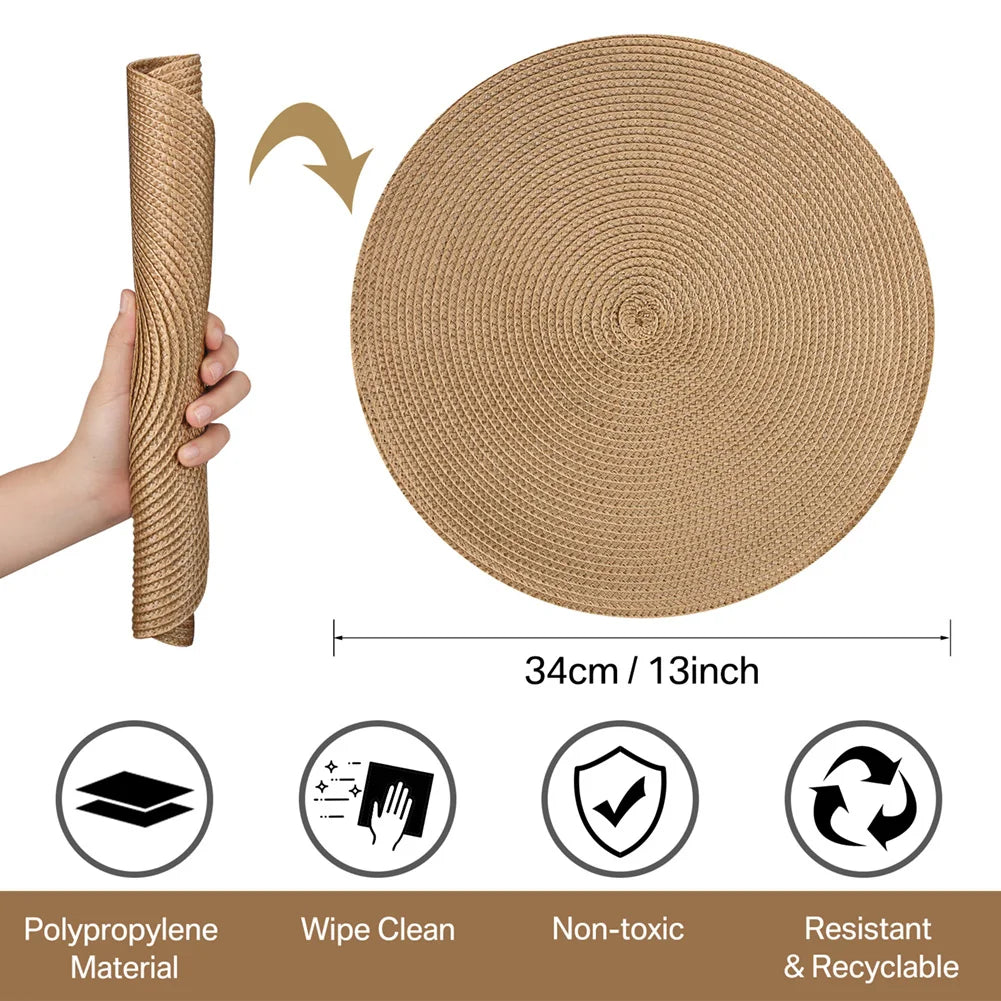 6Pcs Round Table Mat and Cup Coasters Set Woven Ramie Placemats Anti Slip Dining Placemats Non-Slip Tableware Bowl Pads Kitchen