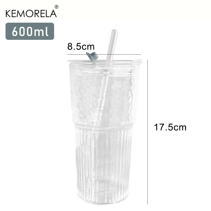 600ml Striped Glass Cup with Lid & Straw – Transparent Drinking Glass for Juice, Iced Coffee & Water, Outdoor Drinkware