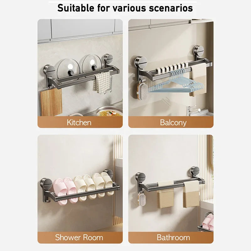 Bathroom Towel Holder without Drilling Hole Suction Cup Wall Mount Two Bar Hand Towel Rack Kitchen Shower Bath Room Towel Shelf