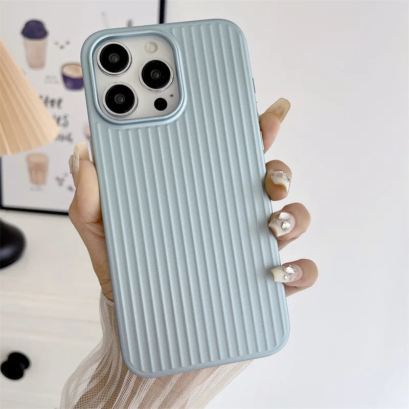 Natural Titanium PC Phone Case For iPhone 16E 12 13 14 15 16 Pro Max Plus Electroplated Grating Corrugated Hard Shockproof Cover