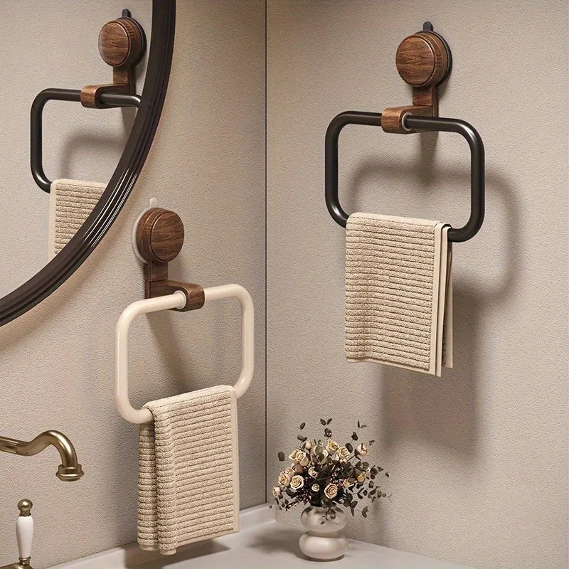 Vintage Walnut Wood Towel Ring with Suction Cup Mount, No-Drill Wall-Mounted Bathroom Towel Holder, Stainless Steel Frame