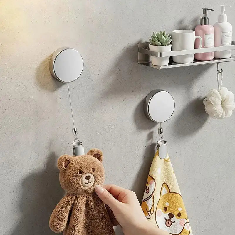 1PC No-Drill Self-Adhesive Automatic Retractable Towel Rack Wall Mounted Hand Towel Holder With Stainless Steel Cable Clamp
