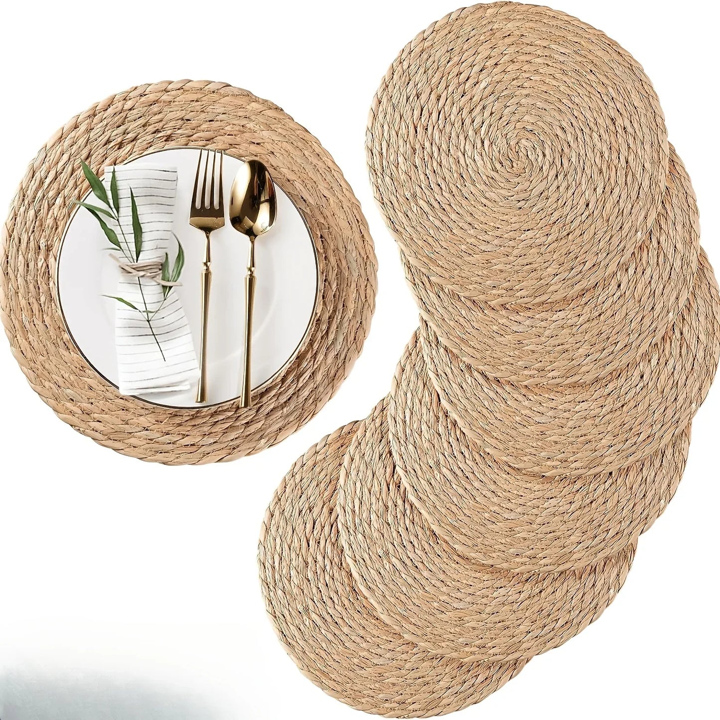 Handwoven Rattan Placemats Round Heat Insulation Pot Mats Bohemian Coaster Natural Western Placemats Dining Home Wedding Decor